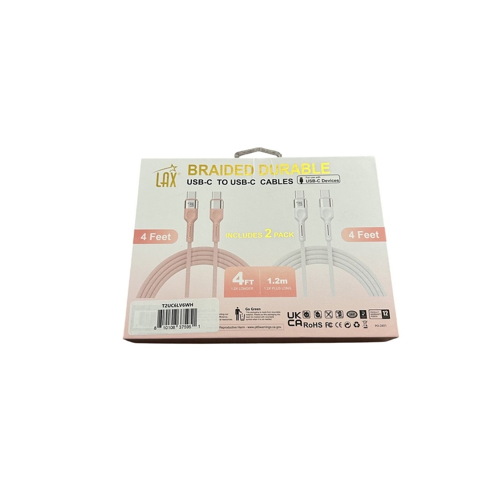 LAX USB-C to USB-C Cables Unisex 4ft Pink White‎ NEW 2-Pack Braided Durable 60W